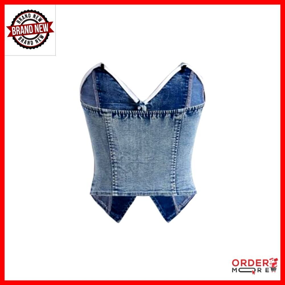 Denim Button Down Tube Top Y2K Asymmetrical Crop Sweetheart Neck Strapless - Picture 4 of 7